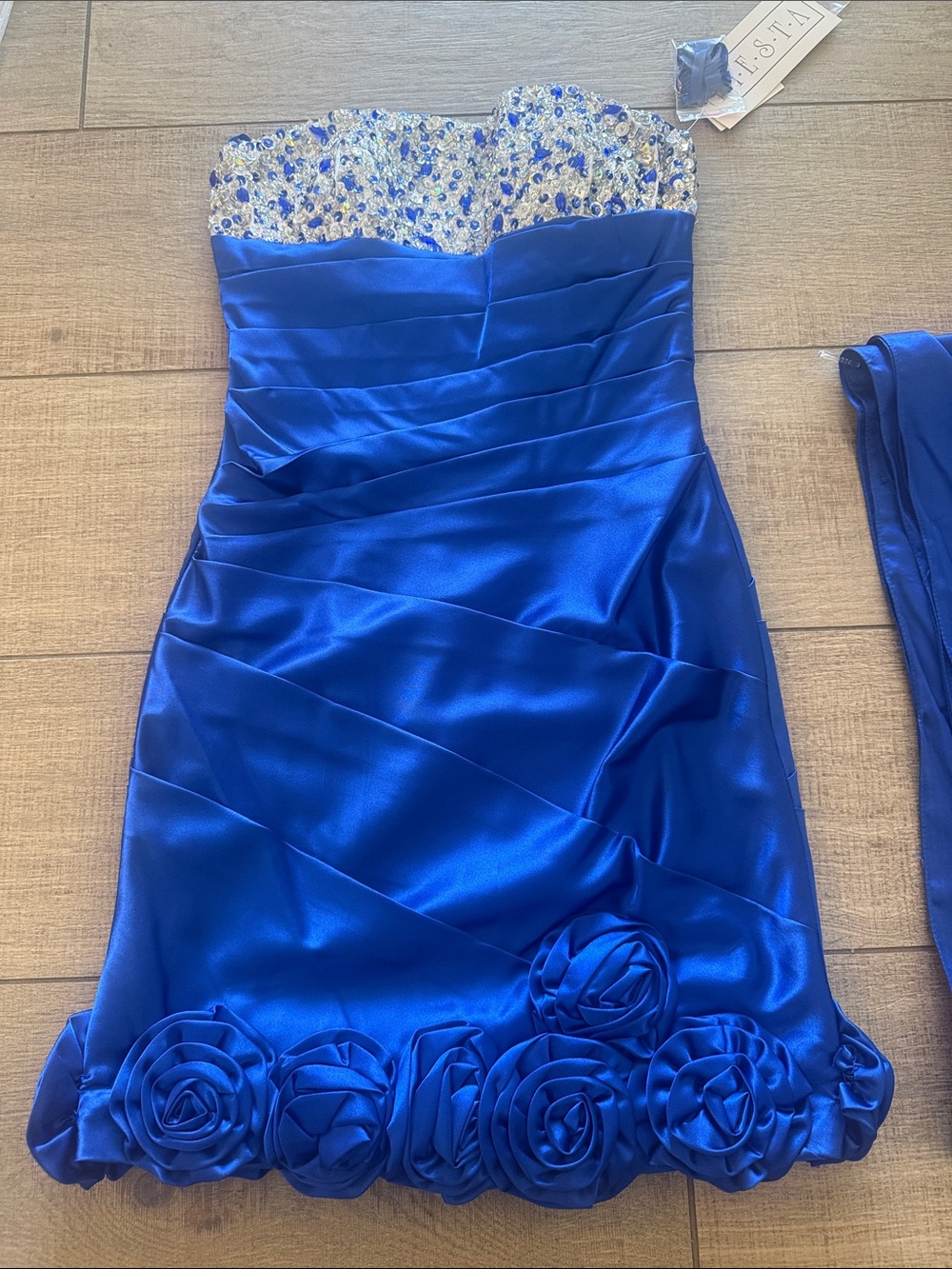 Strapless spaghetti straps SequinsRoyal Blue semi formal  Dress with Rosette Hem